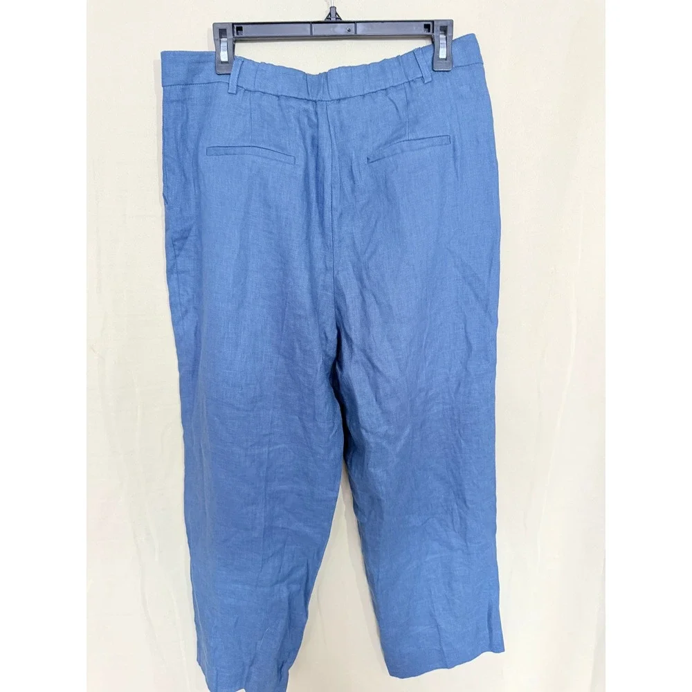 Mango Trousers Women Size 10 Blue Bruno Linen Pleated Straight Leg Pants NEW